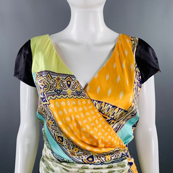 ETRO Size 6 Multi Color Silk Blend Mixed Patterns Cap Sleeves Dress - Picture 2 of 7